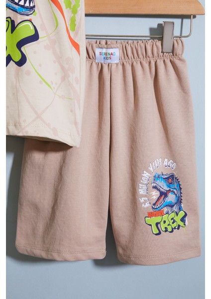 Krem T-Rex Baskılı Yazılı Erkek Çocuk Şortlu Takım 18709