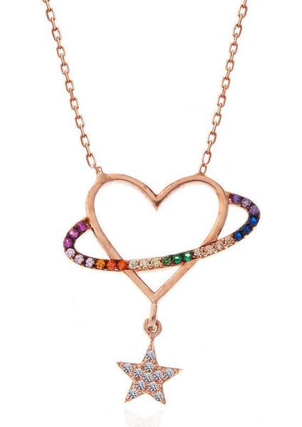 Gümüş Rose Kalp Yıldız Kadın Kolye