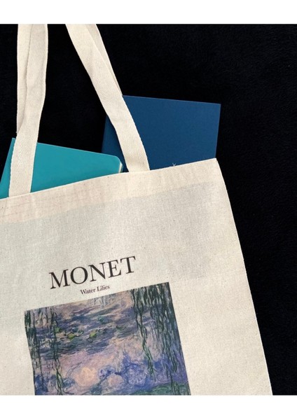 Monet Ham Naturel Zambaklar Baskılı Bez Çanta modelleri
