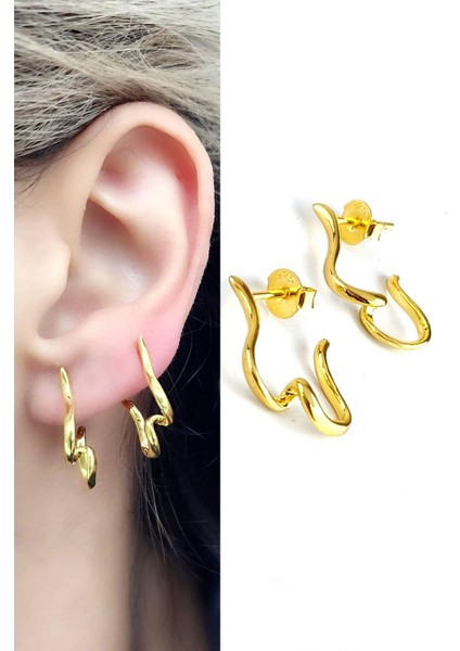 Italyan Tasarımı 925 Ayar Gümüş Üzerine Altın Kaplama Tarz Küpe