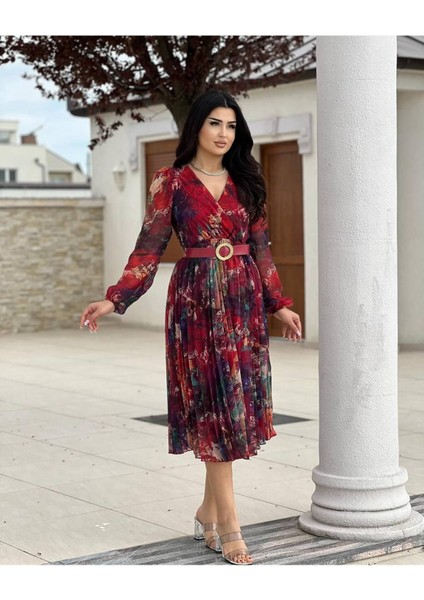 Şifon Kumaş Astarlı Piliseli Kemerli Desenli Elbise Uzun Elbise Elbise