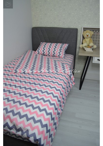 Nasır Home Tek Kişilik Pembe Zikzak Nevresim Takımı (Lastikli Çarşaf 90X190X23 Cm, Nevresim ve Yastık Kılıfı Gizli Fermuar)