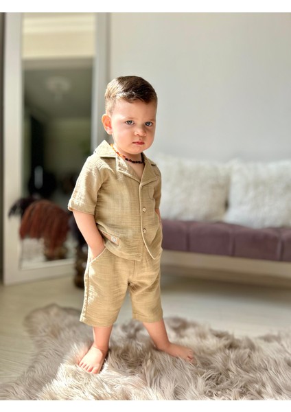Müslin Ceket Yaka Pamuklu Şortlu Erkek çocuk takım - Kahve Köpüğü