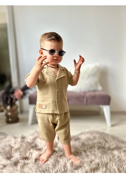 Müslin Ceket Yaka Pamuklu Şortlu Erkek çocuk takım - Kahve Köpüğü fiyatları