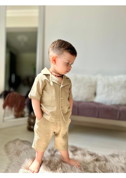 Müslin Ceket Yaka Pamuklu Şortlu Erkek çocuk takım - Kahve Köpüğü modelleri