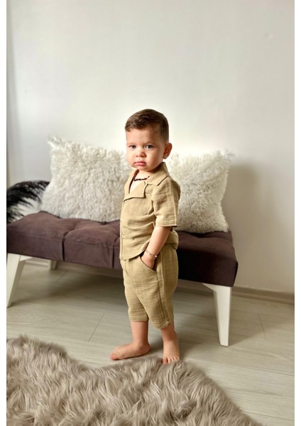 Müslin Ceket Yaka Pamuklu Şortlu Erkek çocuk takım - Kahve Köpüğü fırsatları