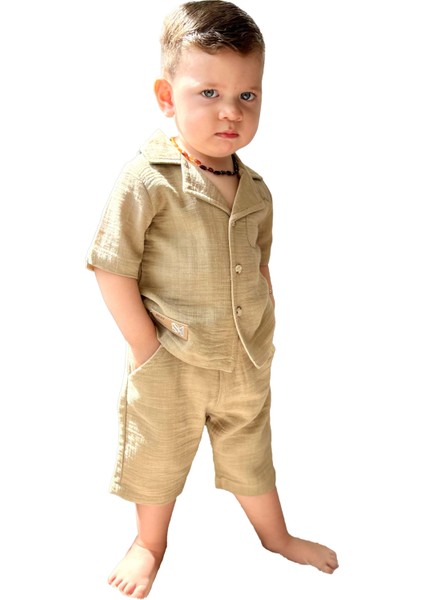 Müslin Ceket Yaka Pamuklu Şortlu Erkek çocuk takım - Kahve Köpüğü indirimleri