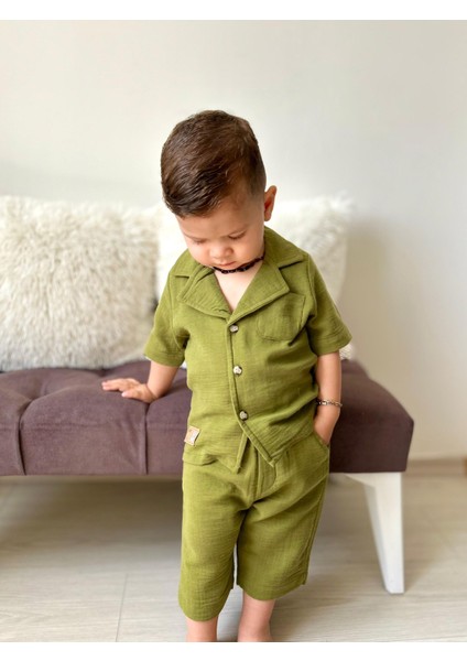Müslin Ceket Yaka Pamuklu Şortlu Erkek çocuk takım - Kına Yeşili modelleri