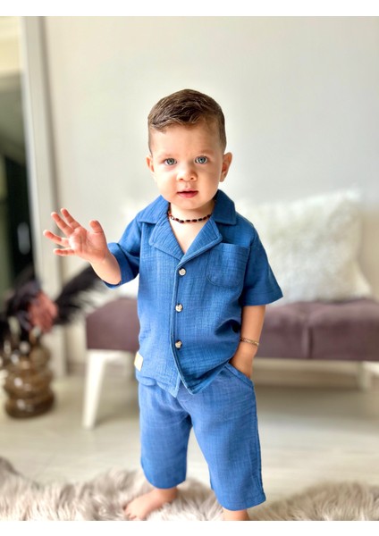 Müslin Ceket Yaka Pamuklu Şortlu Erkek çocuk takım - Koyu Mavi