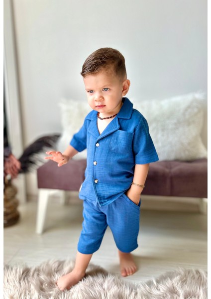 Müslin Ceket Yaka Pamuklu Şortlu Erkek çocuk takım - Koyu Mavi fiyatları