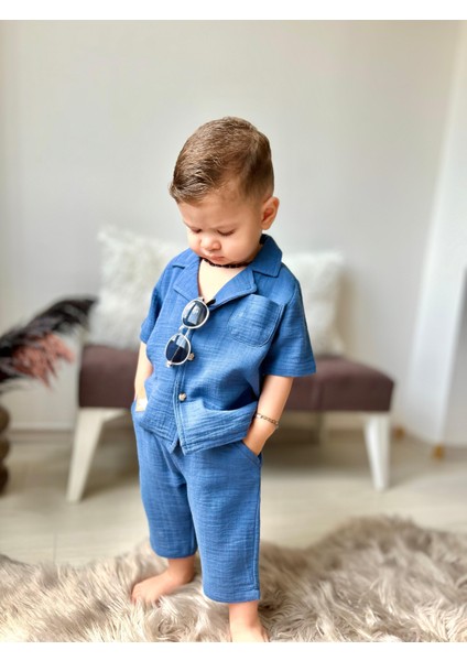 Müslin Ceket Yaka Pamuklu Şortlu Erkek çocuk takım - Koyu Mavi modelleri