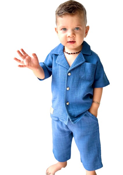 Müslin Ceket Yaka Pamuklu Şortlu Erkek çocuk takım - Koyu Mavi fırsatları