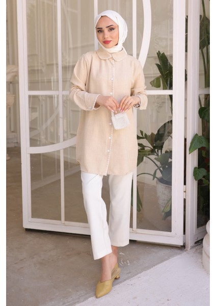 Bej Ön Yaka Detaylı Keten Gömlek fiyatları