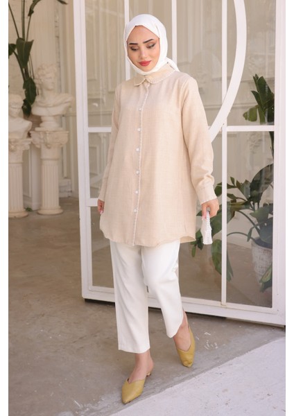 Bej Ön Yaka Detaylı Keten Gömlek modelleri