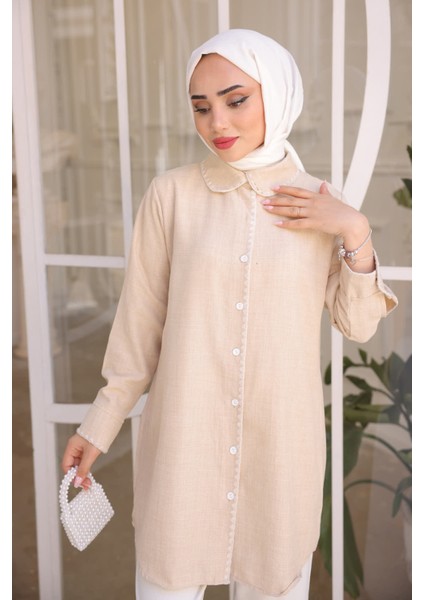 Bej Ön Yaka Detaylı Keten Gömlek fırsatları