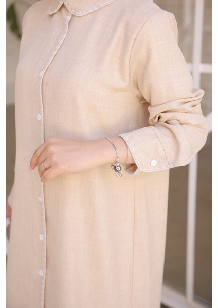 Bej Ön Yaka Detaylı Keten Gömlek indirimleri