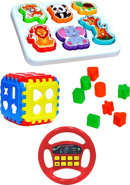 Eğitici 3lü Oyuncak Seti Sevimli Hayvanlar Bultak - Geometrik 8 Şekilli Bultak - Sesli Direksiyon