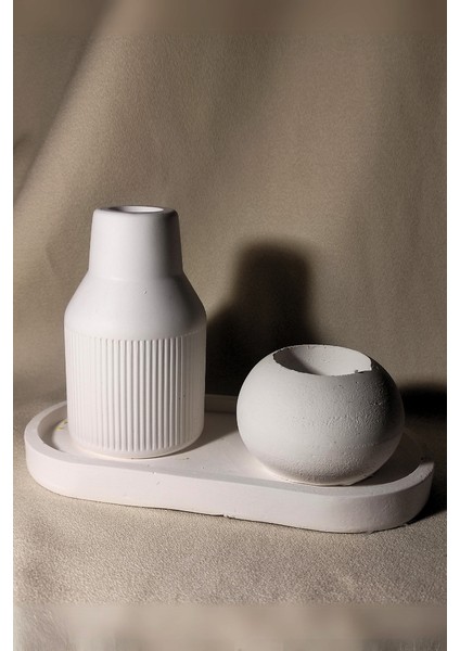 3 Parça Minimal Vazo ve Mumluk Seti Dekoratif Vazo ve Mumluk