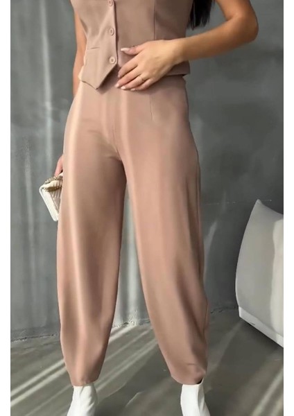 Kadın Vizon Maskülen Yelek ve Balon Pantolon Takım modelleri