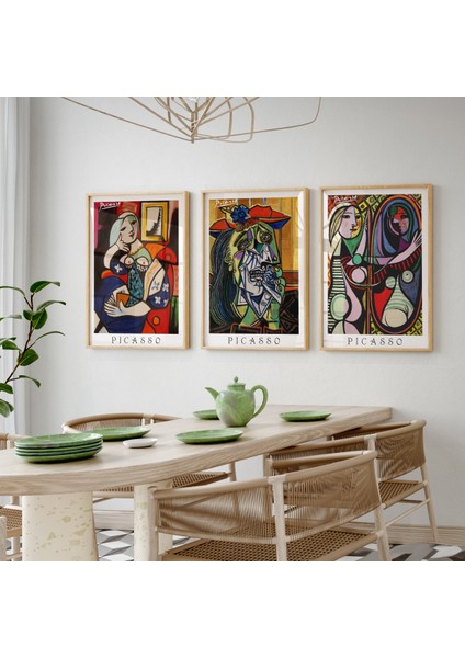 Ahşap Çerçeveli Modern Duvar Tablosu 3'lü Set. Pablo Picasso Minimal Duvar Sanatı.