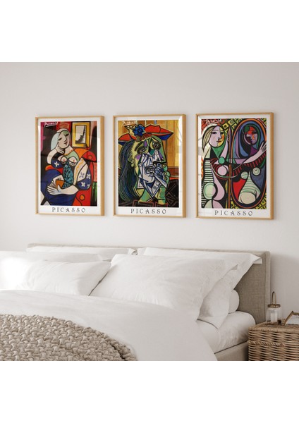 Ahşap Çerçeveli Modern Duvar Tablosu 3'lü Set. Pablo Picasso Minimal Duvar Sanatı.