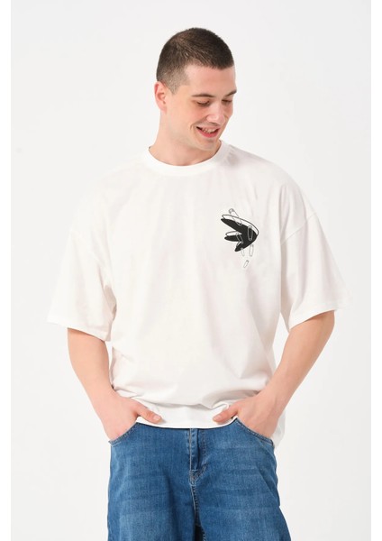 Erkek Bisiklet Yaka Baskılı Oversize T-Shirt