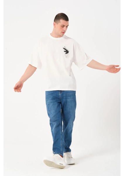 Erkek Bisiklet Yaka Baskılı Oversize T-Shirt