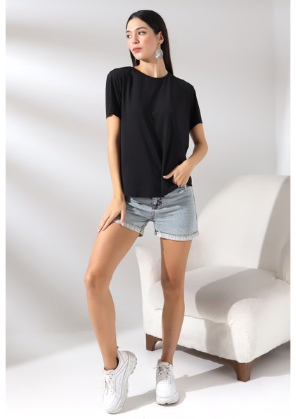 Kısa Kol Yumuşak Dokulu Dökümlü T-Shirt 21638 Siyah