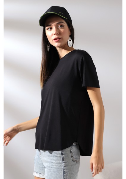 Kısa Kol Yumuşak Dokulu Dökümlü T-Shirt 21638 Siyah modelleri