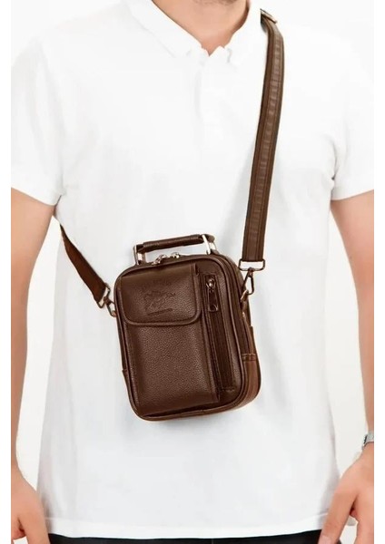 Erkek Deri Çelik Kasalı Kapaklı Omuz ve El Çantası (15X19CM) newpolo189 - Kahve