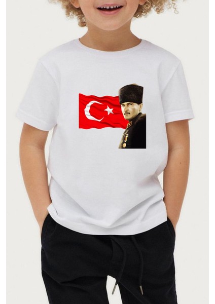 Çocuk Pamuk Bayrağımız ve Atamız Beyaz Siyah Çocuk T-Shirt