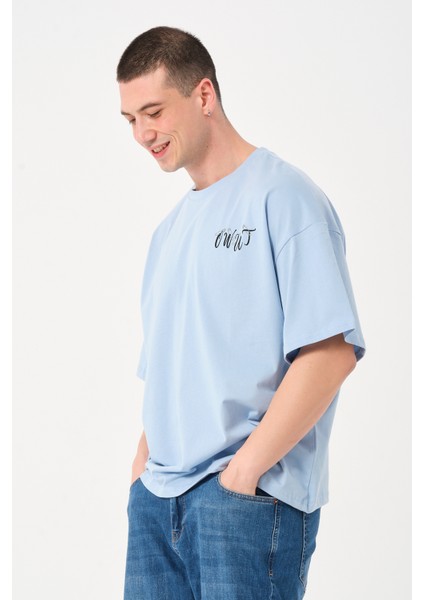 Erkek Bisiklet Yaka Göğüs Baskı Detaylı Oversize T-Shirt