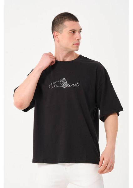 Erkek Bisiklet Yaka Kedi Baskı Detaylı Oversize T-Shirt fırsatları