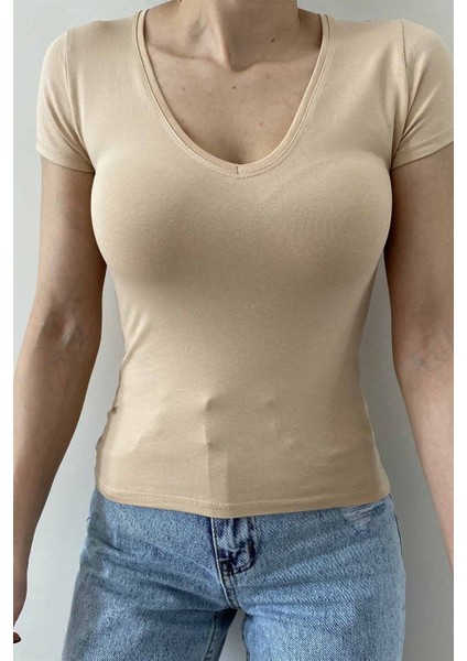 V Yaka Modal Karışımlı Bej Basic T-Shirt