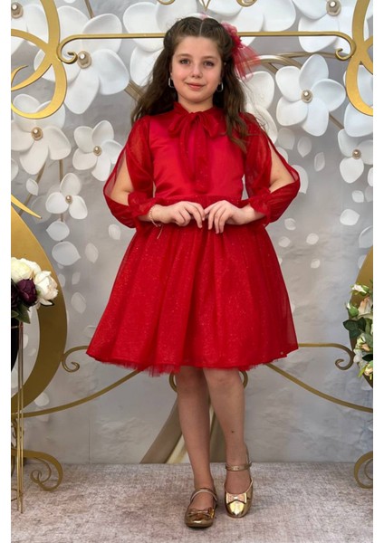 Kırmızı Tül Etekli Simli Çocuk Elbise