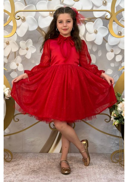 Kırmızı Tül Etekli Simli Çocuk Elbise fiyatları