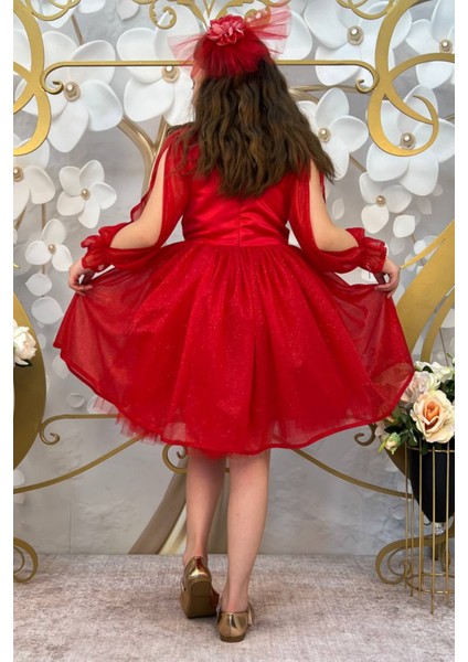 Kırmızı Tül Etekli Simli Çocuk Elbise modelleri