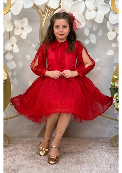 Kırmızı Tül Etekli Simli Çocuk Elbise fırsatları