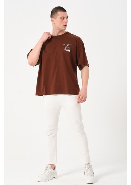 Erkek Bisiklet Yaka Göğüs Baskı Detaylı Oversize T-Shirt