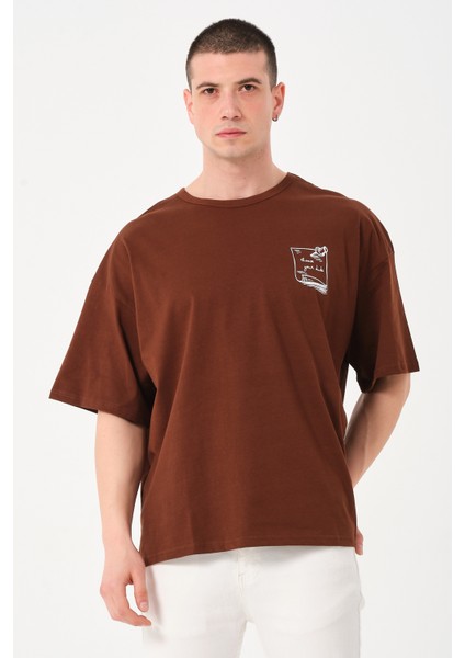 Erkek Bisiklet Yaka Göğüs Baskı Detaylı Oversize T-Shirt
