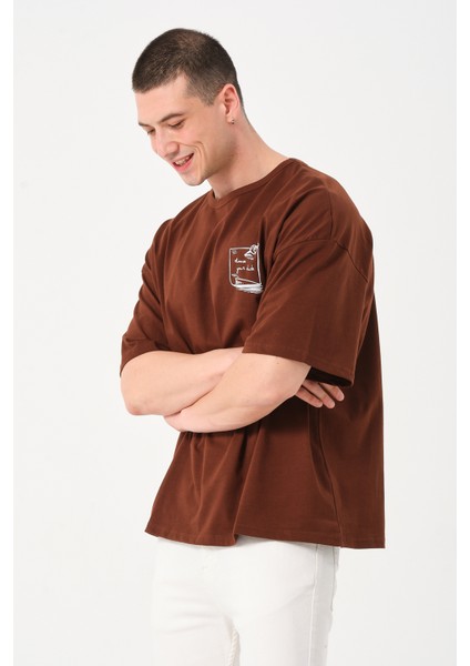 Erkek Bisiklet Yaka Göğüs Baskı Detaylı Oversize T-Shirt