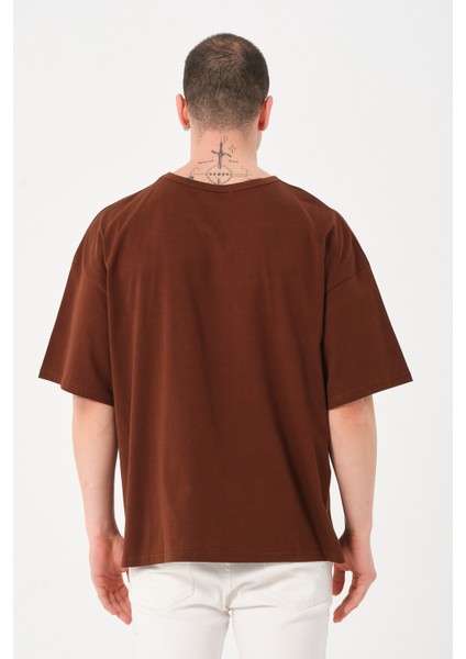Erkek Bisiklet Yaka Göğüs Baskı Detaylı Oversize T-Shirt