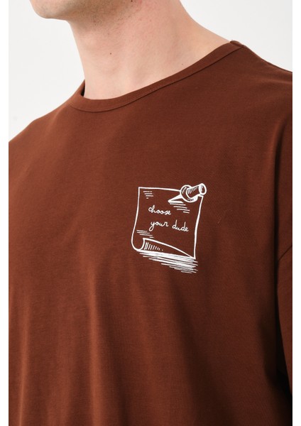 Erkek Bisiklet Yaka Göğüs Baskı Detaylı Oversize T-Shirt