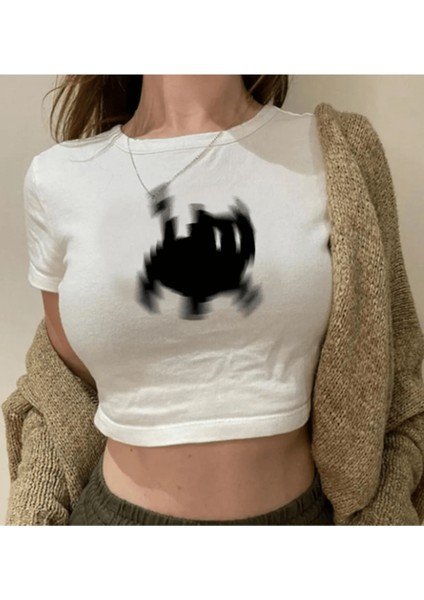 Kedi Tasarım Kore Tarzı Beyaz Crop Bluz