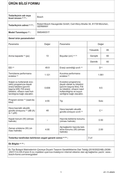 SMS4IKI51T D Enerji Sınıfı 5 Programlı Bulaşık Makinesi