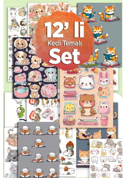 Sevimli Kedi Temalı 12'li Sticker Planner Ajanda Bullet Journal Için Uygun Set