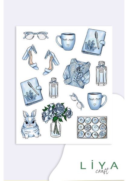 Blue Temalı Sticker Planner Ajanda Bullet Journal Için Uygun Set