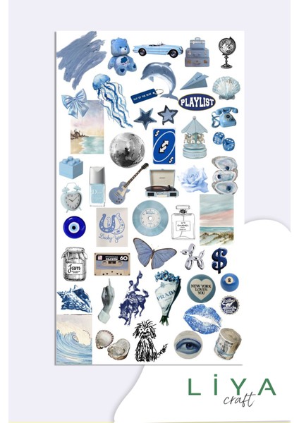 Blue Temalı Sticker Set El Yapımı Özgün Çizimler 10x14 cm Defter ve Ajanda İçin