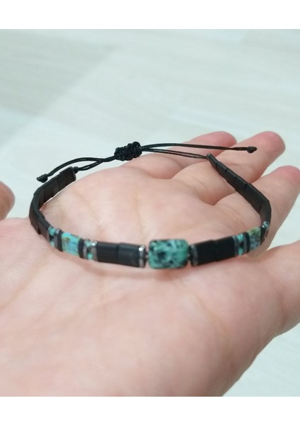 Dikdörtgen Kesim Jasperve Hematit Doğaltaşlı Unisex Tila Bileklik