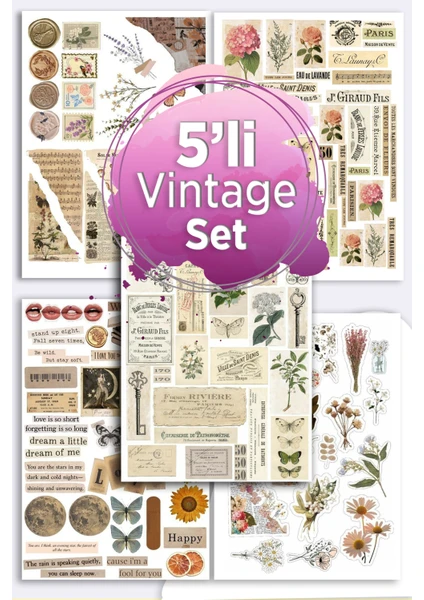 5'li Vintage Sticker Planner Ajanda Bullet Journal Için Uygun Set